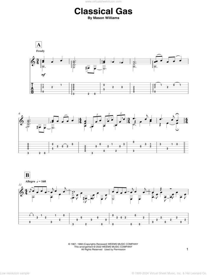 Classical Gas (arr. David Jaggs) sheet music for guitar solo by Mason Williams and David Jaggs, intermediate skill level