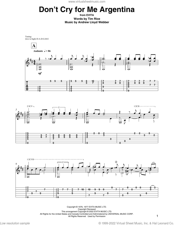 Don't Cry For Me Argentina (from Evita) (arr. David Jaggs) sheet music for guitar solo by Andrew Lloyd Webber, David Jaggs and Tim Rice, intermediate skill level