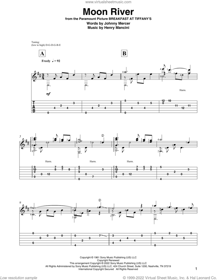 Moon River (arr. David Jaggs) sheet music for guitar solo by Henry Mancini, David Jaggs, Andy Williams and Johnny Mercer, wedding score, intermediate skill level