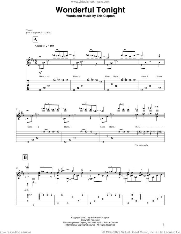 Wonderful Tonight (arr. David Jaggs) sheet music for guitar solo by Eric Clapton, David Jaggs and David Kersh, wedding score, intermediate skill level