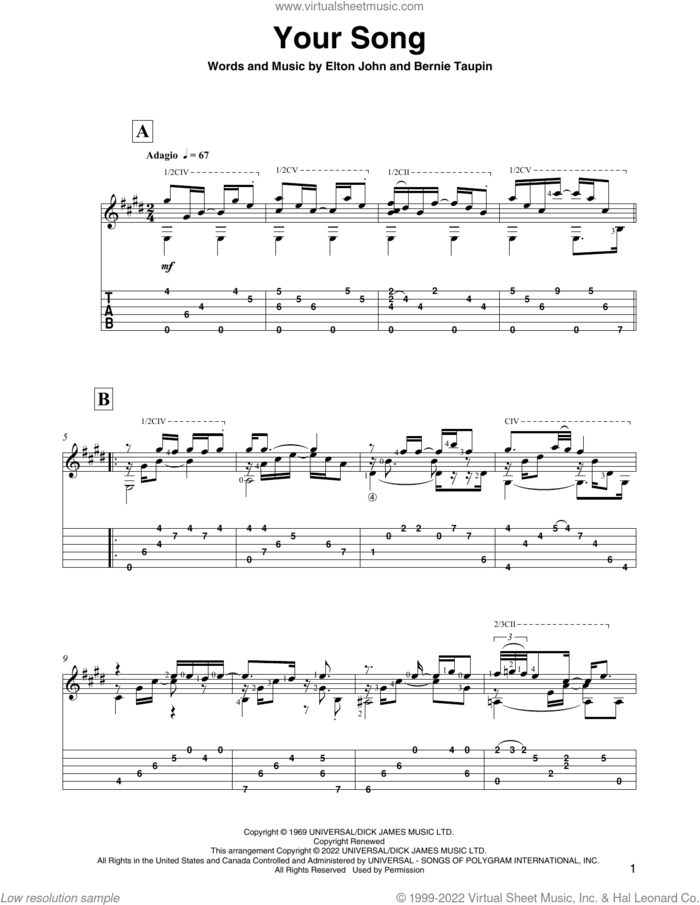 Your Song (arr. David Jaggs) sheet music for guitar solo by Elton John, David Jaggs, Rod Stewart and Bernie Taupin, intermediate skill level