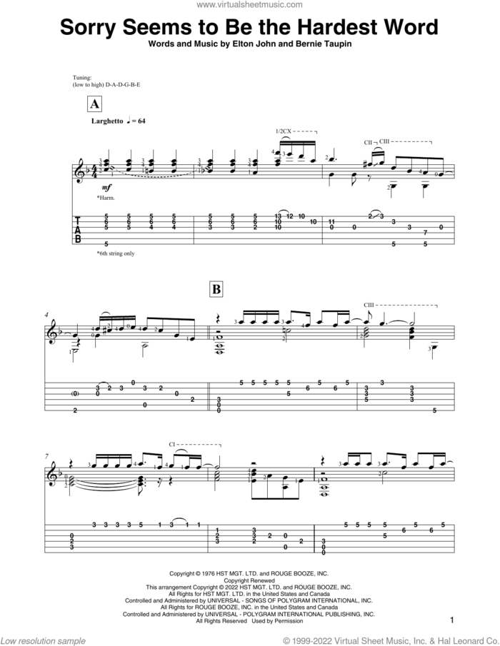 Sorry Seems To Be The Hardest Word (arr. David Jaggs) sheet music for guitar solo by Elton John, David Jaggs and Bernie Taupin, intermediate skill level