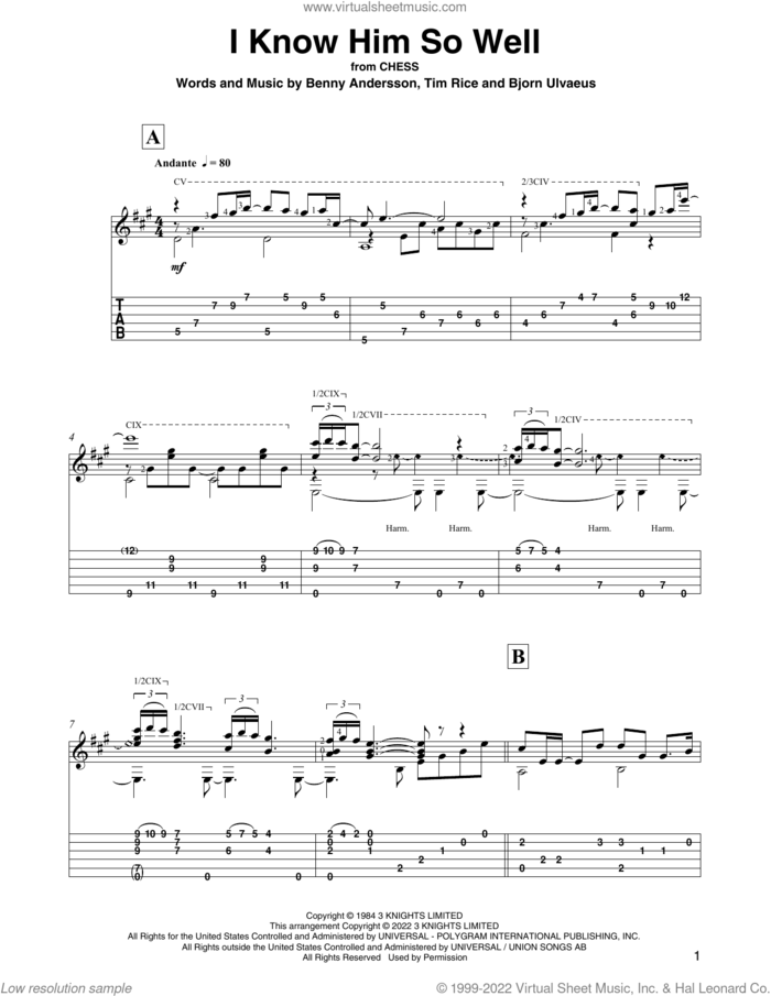 I Know Him So Well (from Chess) (arr. David Jaggs) sheet music for guitar solo by Benny Andersson and Tim Rice and Bjorn Ulvaeus, David Jaggs, Benny Andersson, Bjorn Ulvaeus and Tim Rice, intermediate skill level