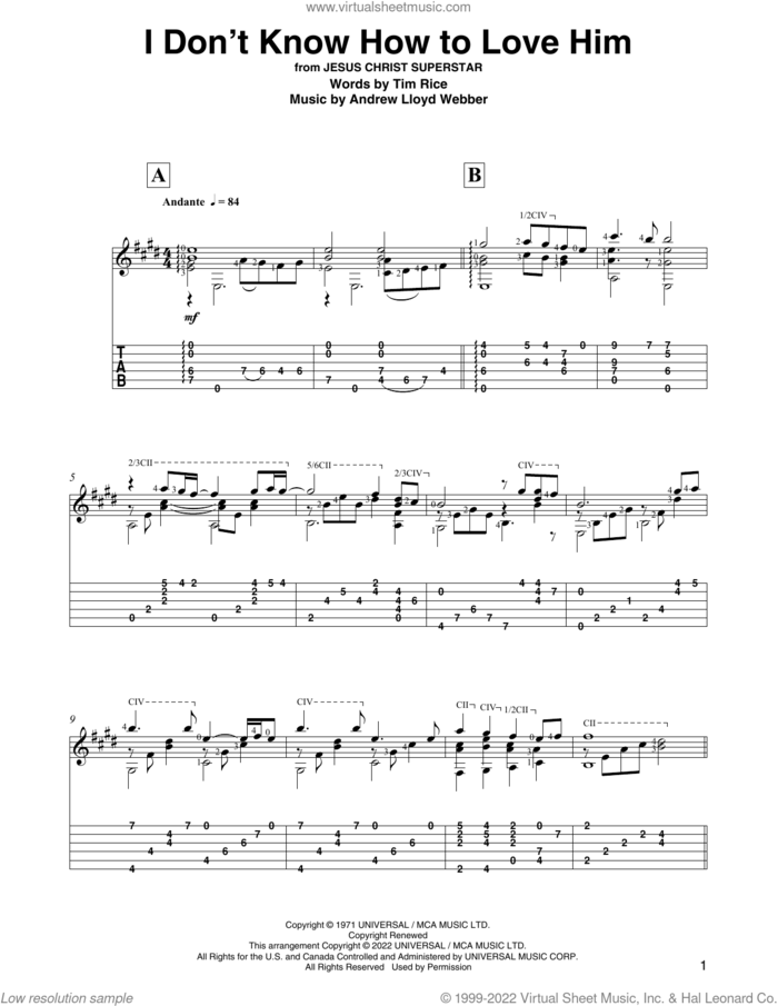 I Don't Know How To Love Him (from Jesus Christ Superstar) (arr. David Jaggs) sheet music for guitar solo by Andrew Lloyd Webber, David Jaggs, Helen Reddy and Tim Rice, intermediate skill level