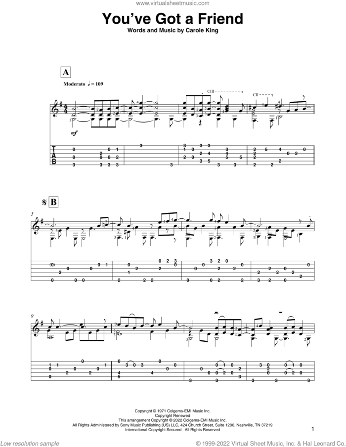 You've Got A Friend (arr. David Jaggs) sheet music for guitar solo by Carole King, David Jaggs and James Taylor, intermediate skill level