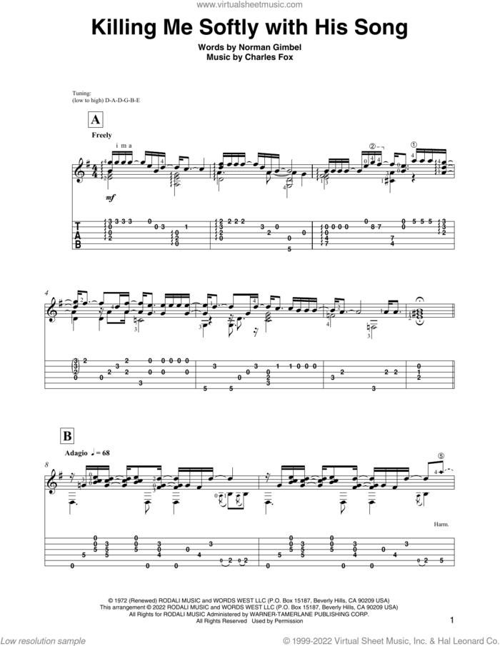 Killing Me Softly With His Song (arr. David Jaggs) sheet music for guitar solo by Roberta Flack, David Jaggs, The Fugees, Charles Fox and Norman Gimbel, intermediate skill level