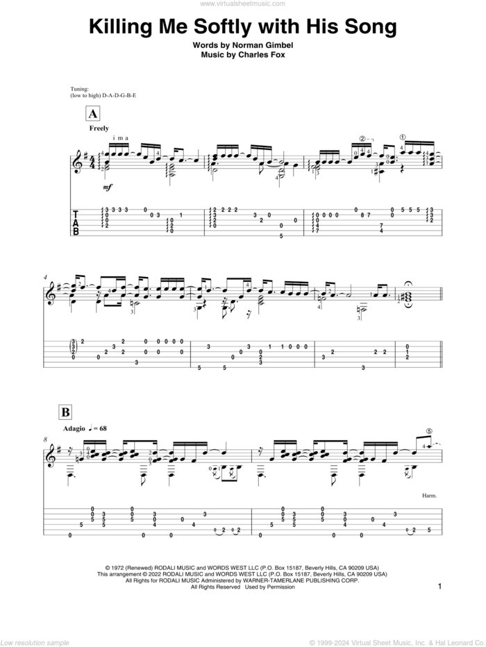 Killing Me Softly With His Song (arr. David Jaggs) sheet music for guitar solo by Roberta Flack, David Jaggs, The Fugees, Charles Fox and Norman Gimbel, intermediate skill level