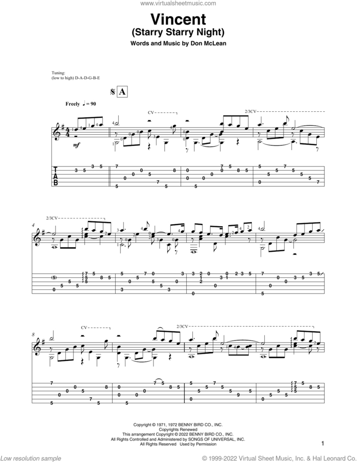 Vincent (Starry Starry Night) (arr. David Jaggs) sheet music for guitar solo by Don McLean and David Jaggs, intermediate skill level