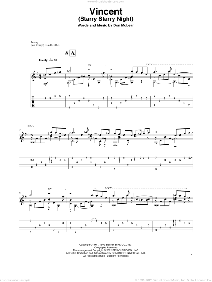 Vincent (Starry Starry Night) (arr. David Jaggs) sheet music for guitar solo by Don McLean and David Jaggs, intermediate skill level