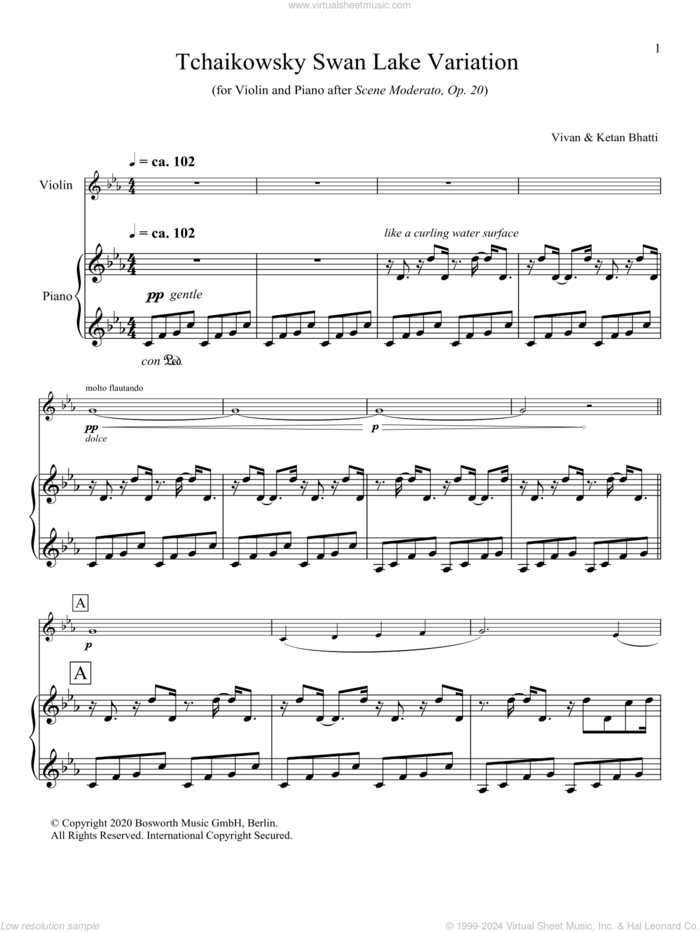 Tchaikowsky Swan Lake Variation sheet music for violin and piano by Vivan & Ketan Bhatti, Ketan Bhatti and Vivan Bhatti, classical score, intermediate skill level