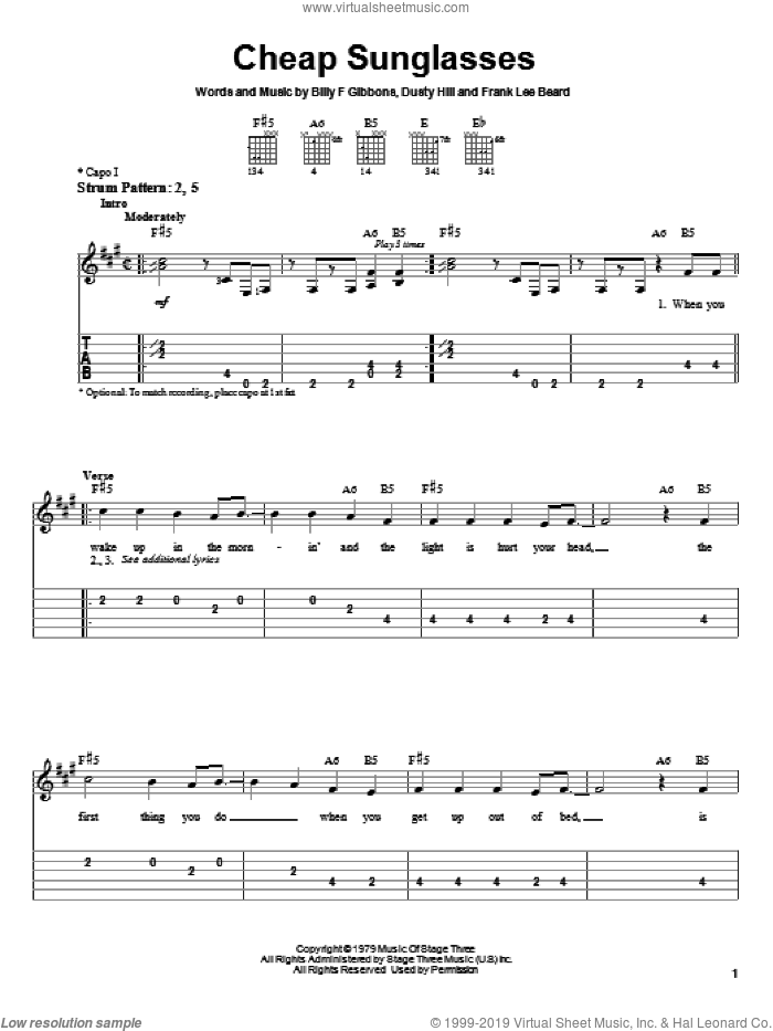 Cheap Sunglasses sheet music for guitar solo (easy tablature) by ZZ Top, Billy Gibbons, Dusty Hill and Frank Beard, easy guitar (easy tablature)