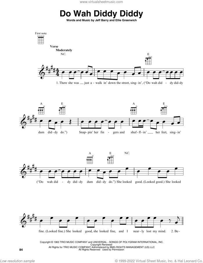 Do Wah Diddy Diddy sheet music for baritone ukulele solo by Manfred Mann, Ellie Greenwich and Jeff Barry, intermediate skill level