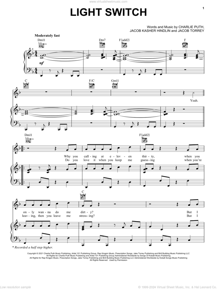 Light Switch sheet music for voice, piano or guitar by Charlie Puth, Jacob Kasher Hindlin and Jacob Torrey, intermediate skill level