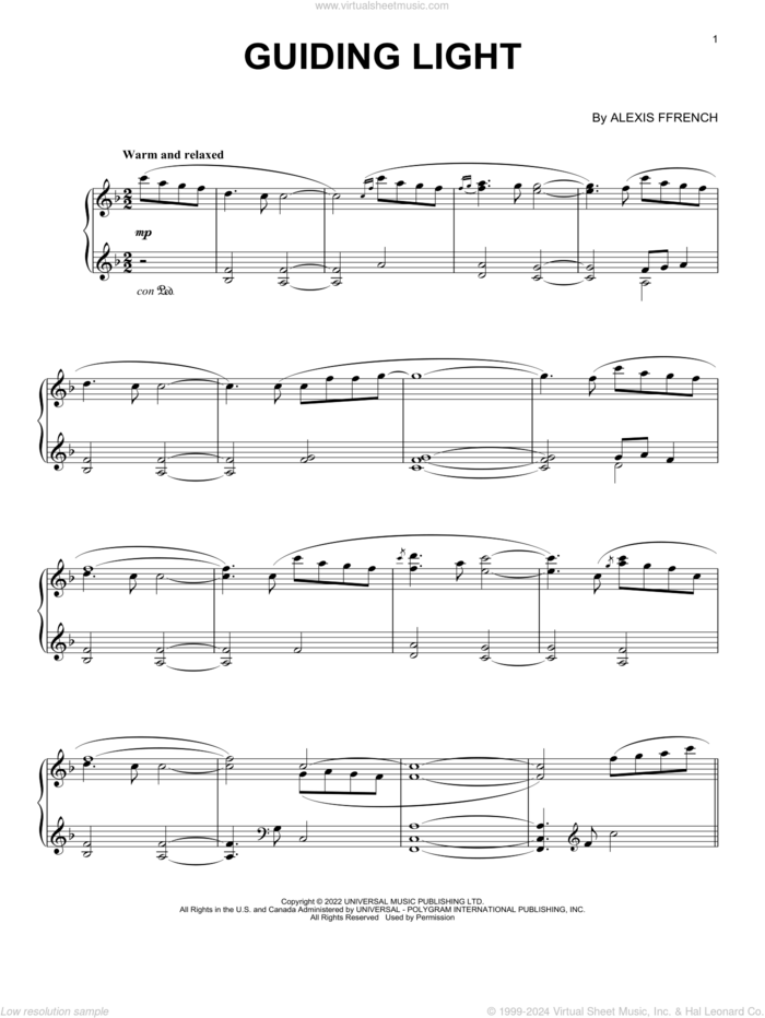 Guiding Light sheet music for piano solo by Alexis Ffrench, classical score, intermediate skill level