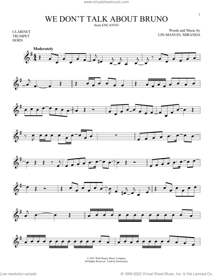 We Don't Talk About Bruno (from Encanto) sheet music for Solo Instrument (treble clef low) by Lin-Manuel Miranda, intermediate skill level