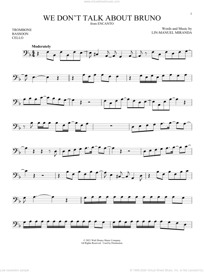 We Don't Talk About Bruno (from Encanto) sheet music for Solo Instrument (bass clef) by Lin-Manuel Miranda, intermediate skill level