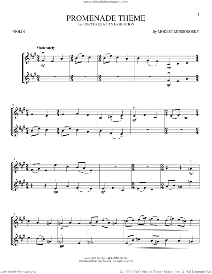 Promenade Theme sheet music for two violins (duets, violin duets) by Modest Petrovic Mussorgsky, classical score, intermediate skill level