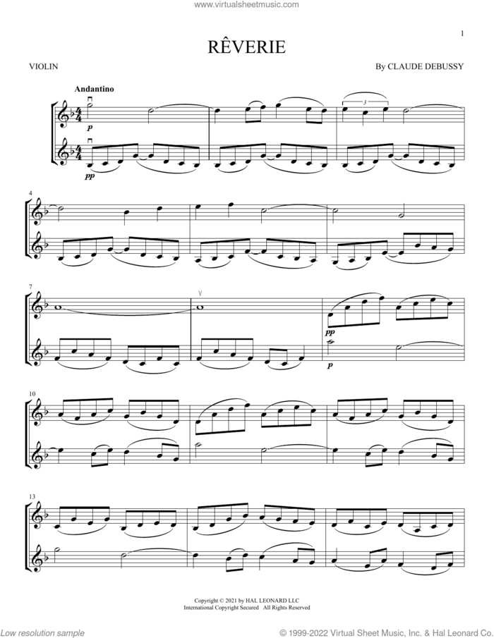 Reverie sheet music for two violins (duets, violin duets) by Claude Debussy, classical score, intermediate skill level