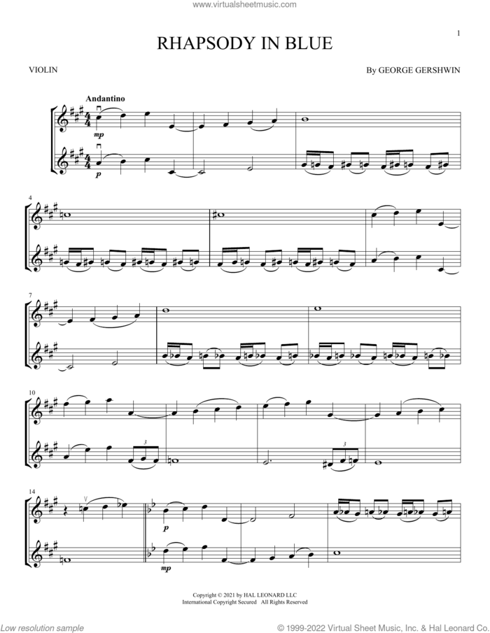 Rhapsody In Blue sheet music for two violins (duets, violin duets) by George Gershwin, classical score, intermediate skill level
