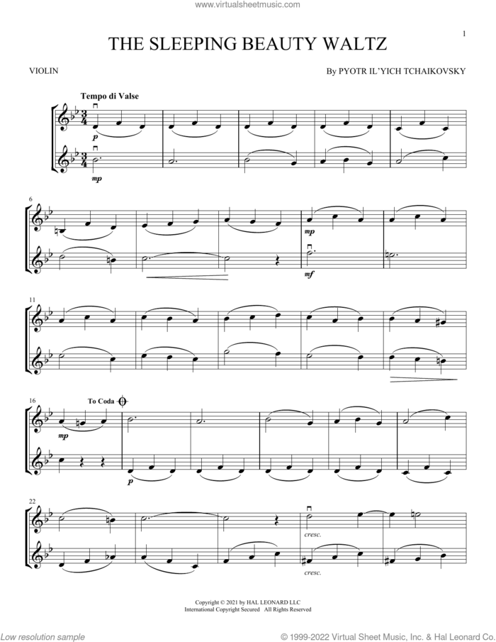 The Sleeping Beauty Waltz sheet music for two violins (duets, violin duets) by Pyotr Ilyich Tchaikovsky, classical score, intermediate skill level