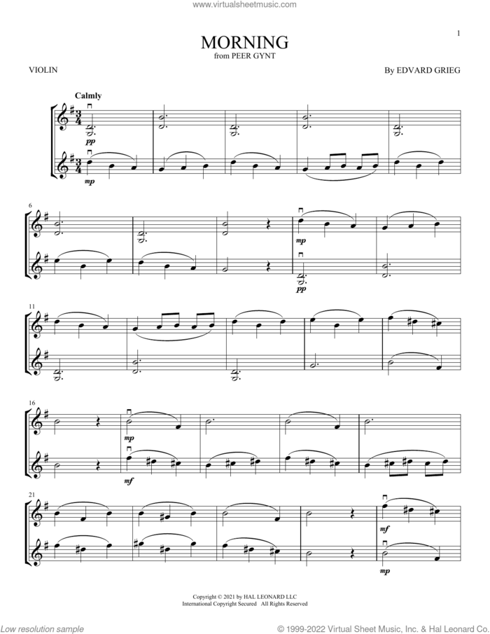 Morning sheet music for two violins (duets, violin duets) by Edvard Grieg, classical score, intermediate skill level