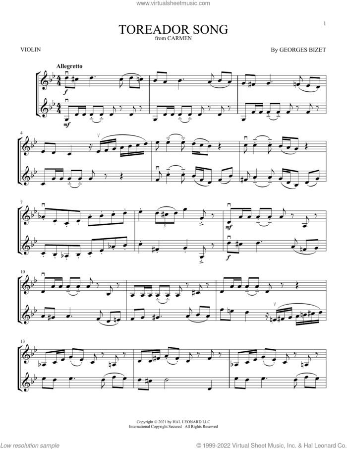 Toreador Song sheet music for two violins (duets, violin duets) by Georges Bizet, classical score, intermediate skill level