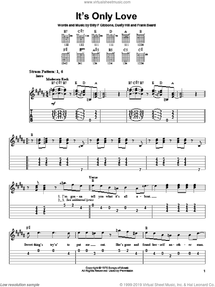 It's Only Love sheet music for guitar solo (easy tablature) by ZZ Top, Billy Gibbons, Dusty Hill and Frank Beard, easy guitar (easy tablature)
