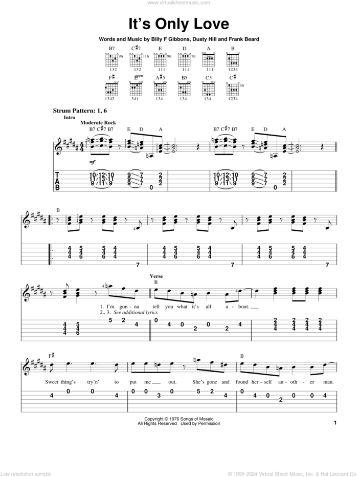 It's Only Love sheet music for guitar solo (easy tablature) by ZZ Top, Billy Gibbons, Dusty Hill and Frank Beard, easy guitar (easy tablature)