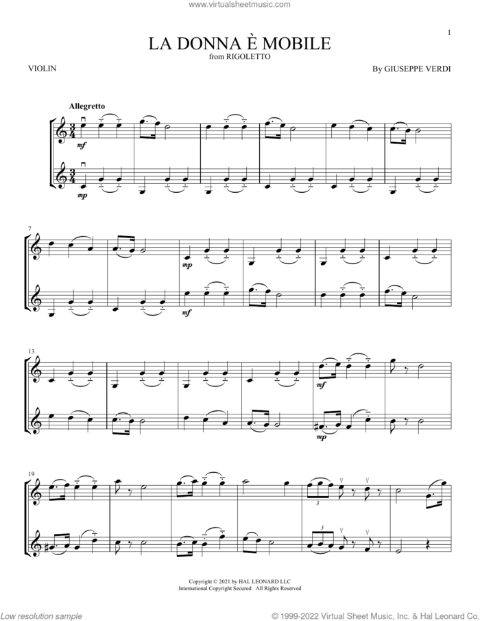 La Donna E Mobile sheet music for two violins (duets, violin duets) by Giuseppe Verdi, classical score, intermediate skill level
