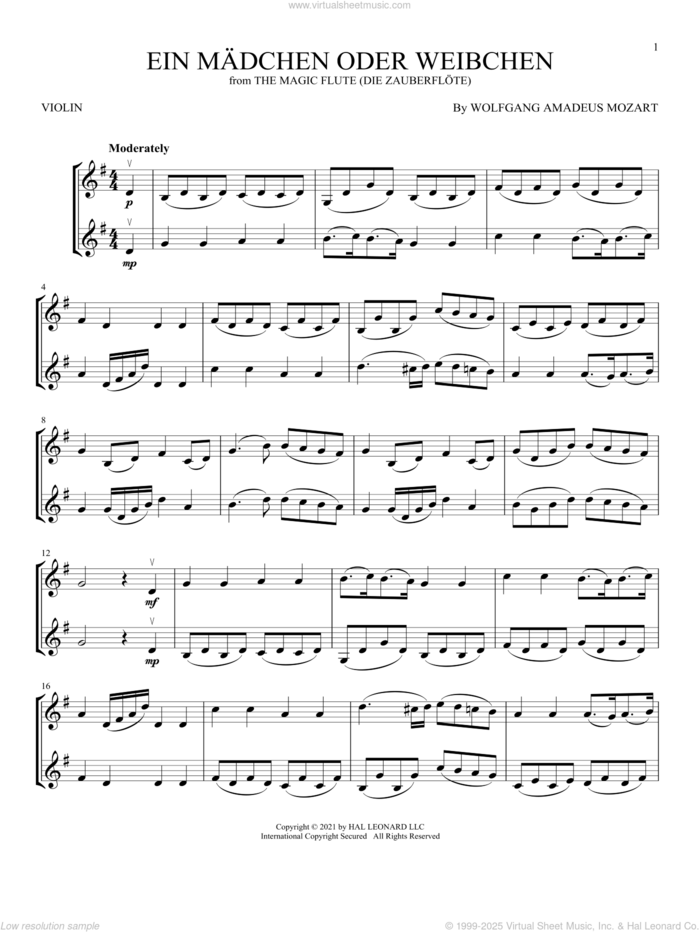 Ein Madchen Oder Weibchen sheet music for two violins (duets, violin duets) by Wolfgang Amadeus Mozart, classical score, intermediate skill level