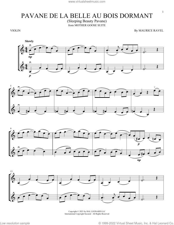 Pavane de la belle au bois dormant (Sleeping Beauty Pavane) sheet music for two violins (duets, violin duets) by Maurice Ravel, classical score, intermediate skill level