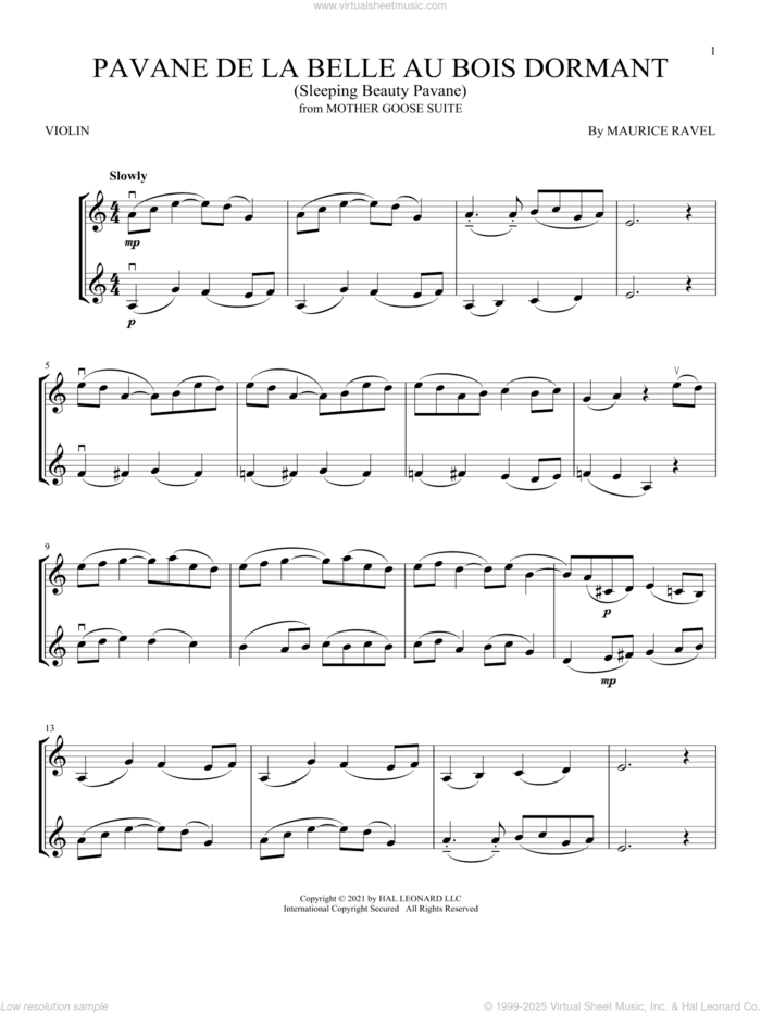 Pavane de la belle au bois dormant (Sleeping Beauty Pavane) sheet music for two violins (duets, violin duets) by Maurice Ravel, classical score, intermediate skill level