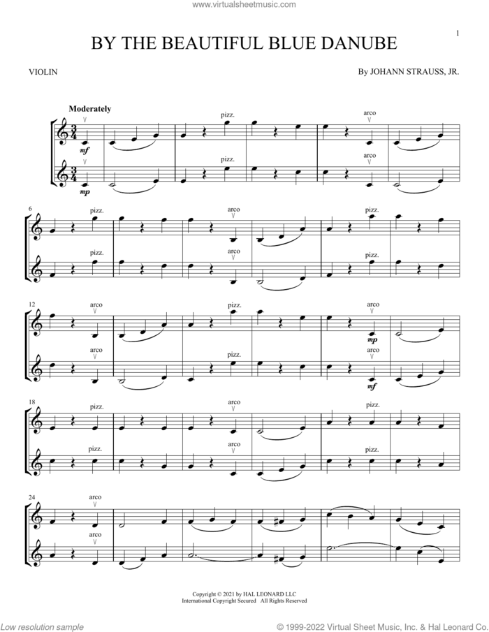 By The Beautiful Blue Danube sheet music for two violins (duets, violin duets) by Johann Strauss, Jr., classical score, intermediate skill level