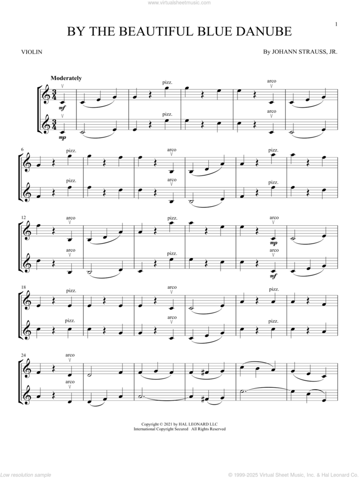 By The Beautiful Blue Danube sheet music for two violins (duets, violin duets) by Johann Strauss, Jr., classical score, intermediate skill level