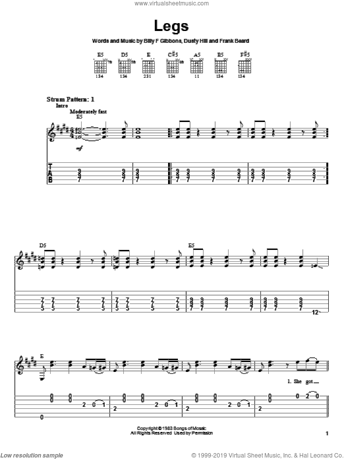 Legs sheet music for guitar solo (easy tablature) by ZZ Top, Billy Gibbons, Dusty Hill and Frank Beard, easy guitar (easy tablature)