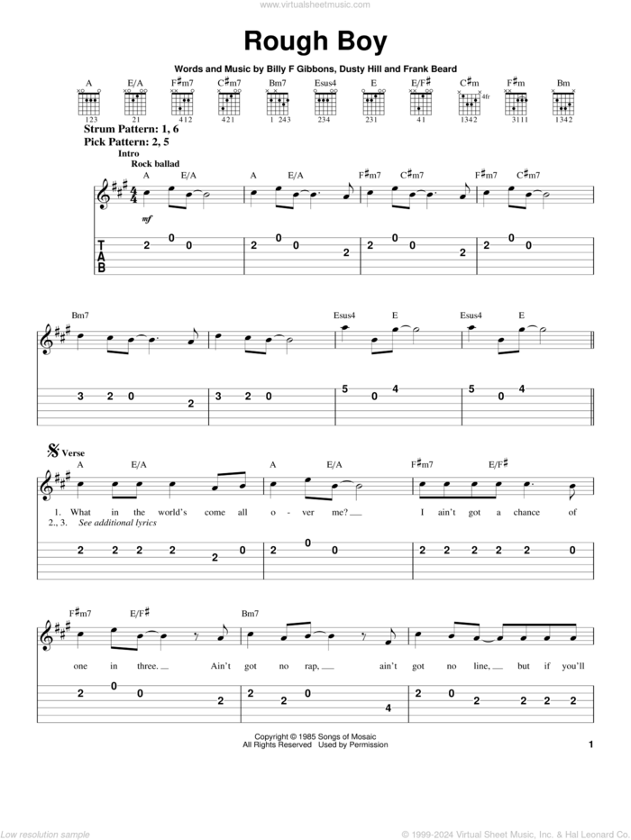 Rough Boy sheet music for guitar solo (easy tablature) by ZZ Top, Billy Gibbons, Dusty Hill and Frank Beard, easy guitar (easy tablature)