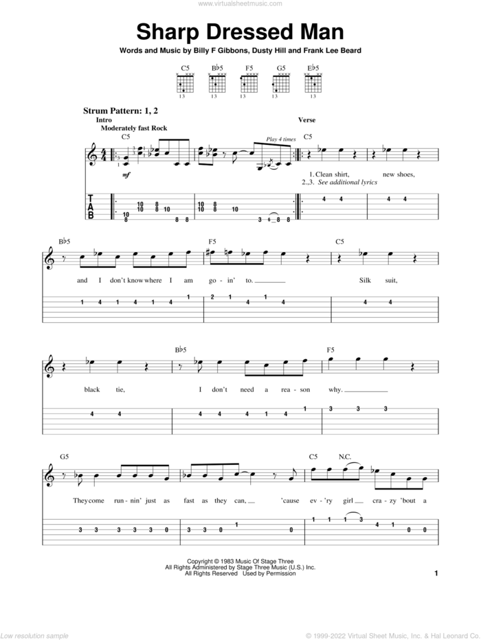 Sharp Dressed Man sheet music for guitar solo (easy tablature) by ZZ Top, Billy Gibbons, Dusty Hill and Frank Beard, easy guitar (easy tablature)