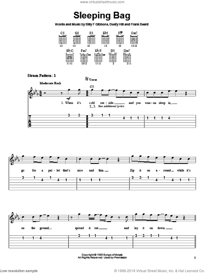 Sleeping Bag sheet music for guitar solo (easy tablature) by ZZ Top, Billy Gibbons, Dusty Hill and Frank Beard, easy guitar (easy tablature)