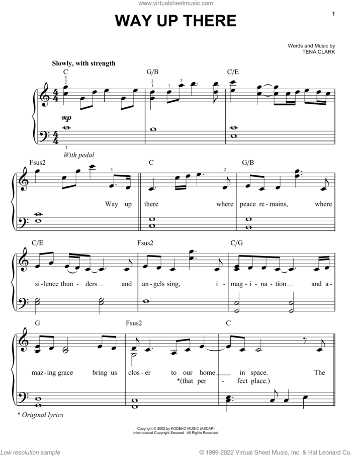 Way Up There sheet music for piano solo by Patti LaBelle and Tena Clark, easy skill level
