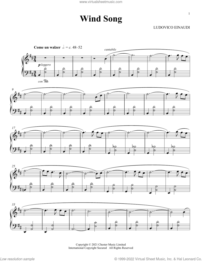 Wind Song sheet music for piano solo by Ludovico Einaudi, classical score, intermediate skill level