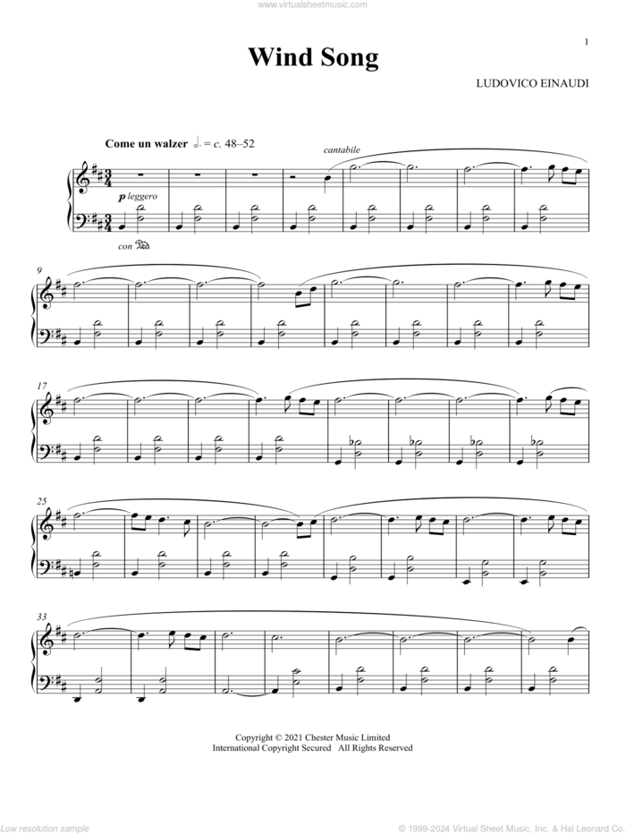 Wind Song sheet music for piano solo by Ludovico Einaudi, classical score, intermediate skill level