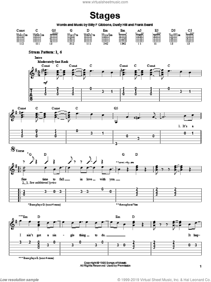 Stages sheet music for guitar solo (easy tablature) by ZZ Top, Billy Gibbons, Dusty Hill and Frank Beard, easy guitar (easy tablature)