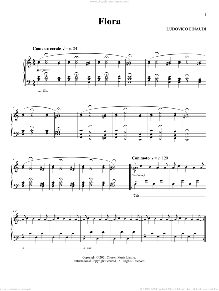 Flora sheet music for piano solo by Ludovico Einaudi, classical score, intermediate skill level