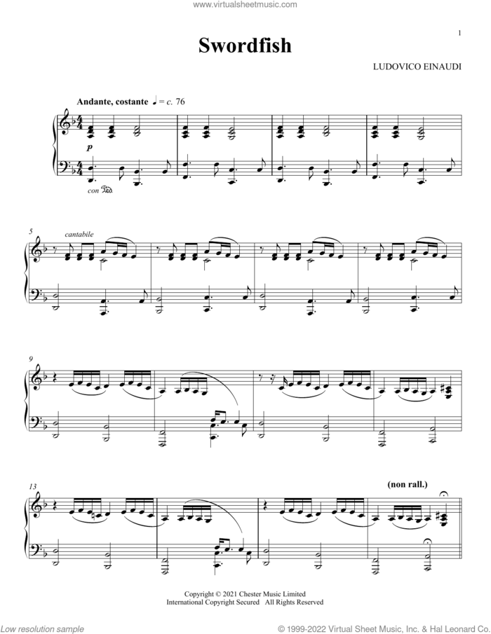 Swordfish sheet music for piano solo by Ludovico Einaudi, classical score, intermediate skill level