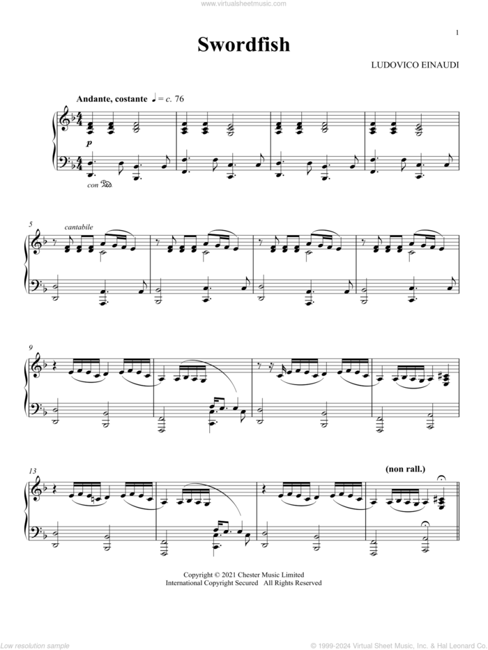 Swordfish sheet music for piano solo by Ludovico Einaudi, classical score, intermediate skill level