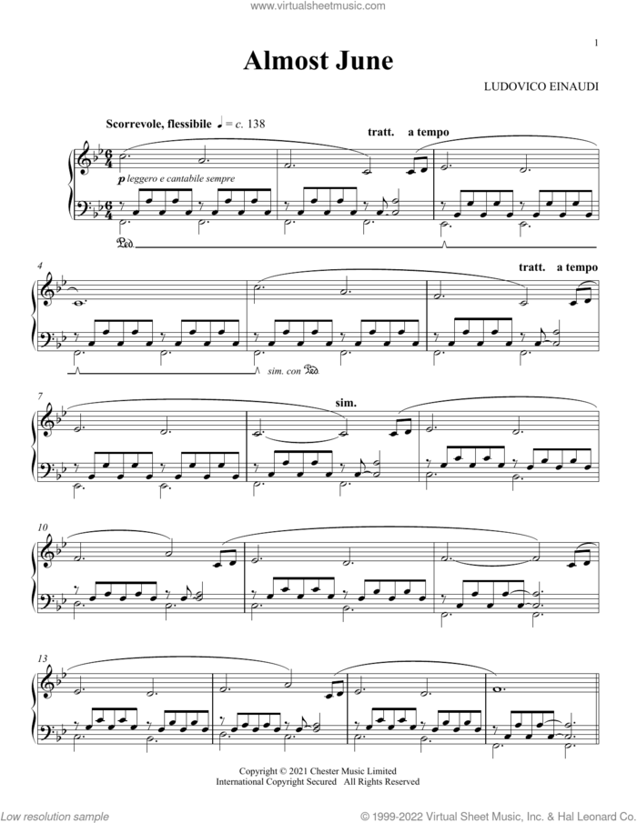Almost June sheet music for piano solo by Ludovico Einaudi, classical score, intermediate skill level
