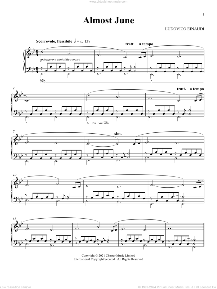 Almost June sheet music for piano solo by Ludovico Einaudi, classical score, intermediate skill level