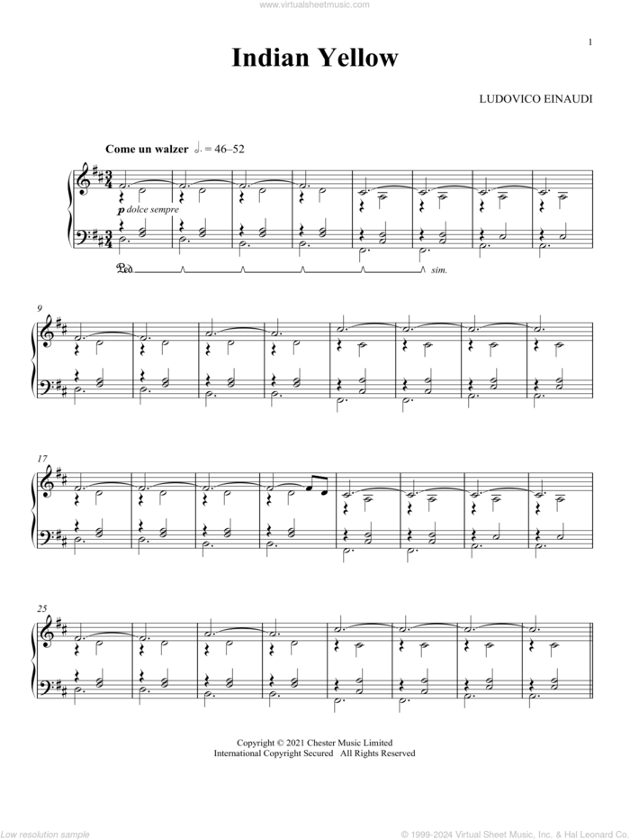 Indian Yellow sheet music for piano solo by Ludovico Einaudi, classical score, intermediate skill level