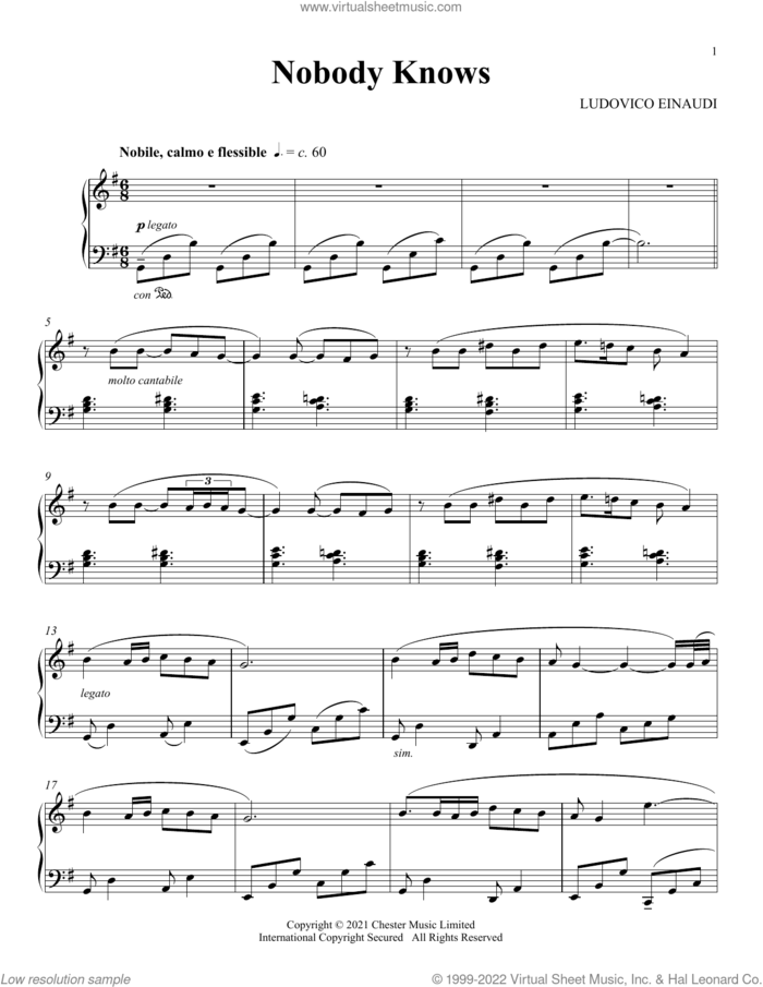 Nobody Knows sheet music for piano solo by Ludovico Einaudi, classical score, intermediate skill level