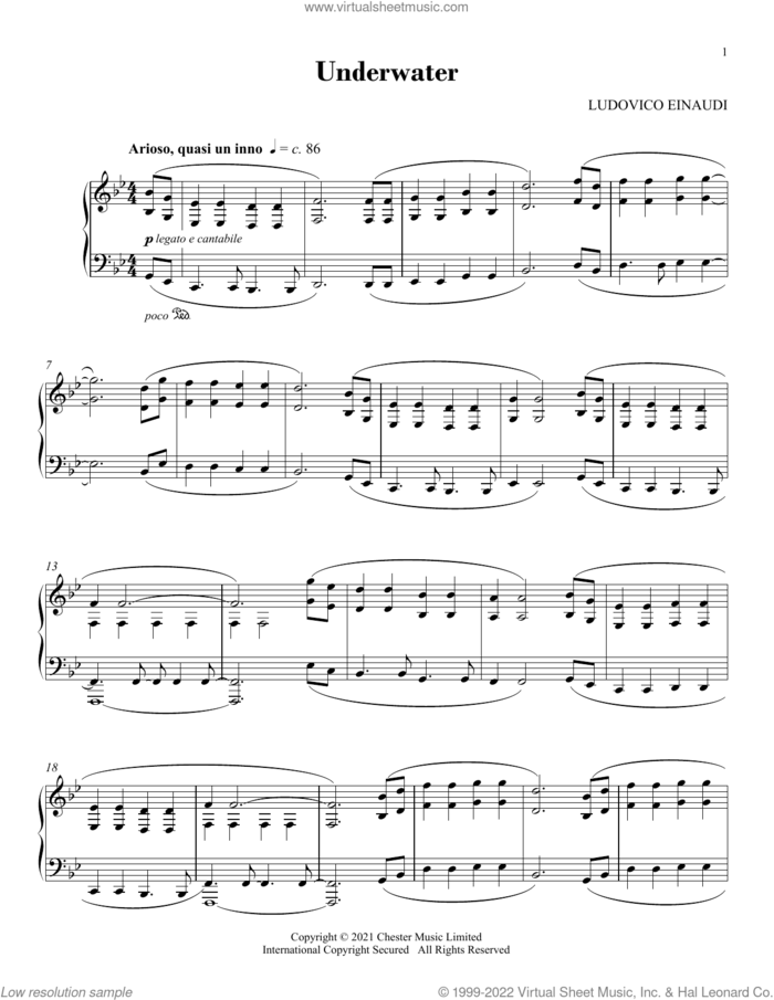 Underwater sheet music for piano solo by Ludovico Einaudi, classical score, intermediate skill level